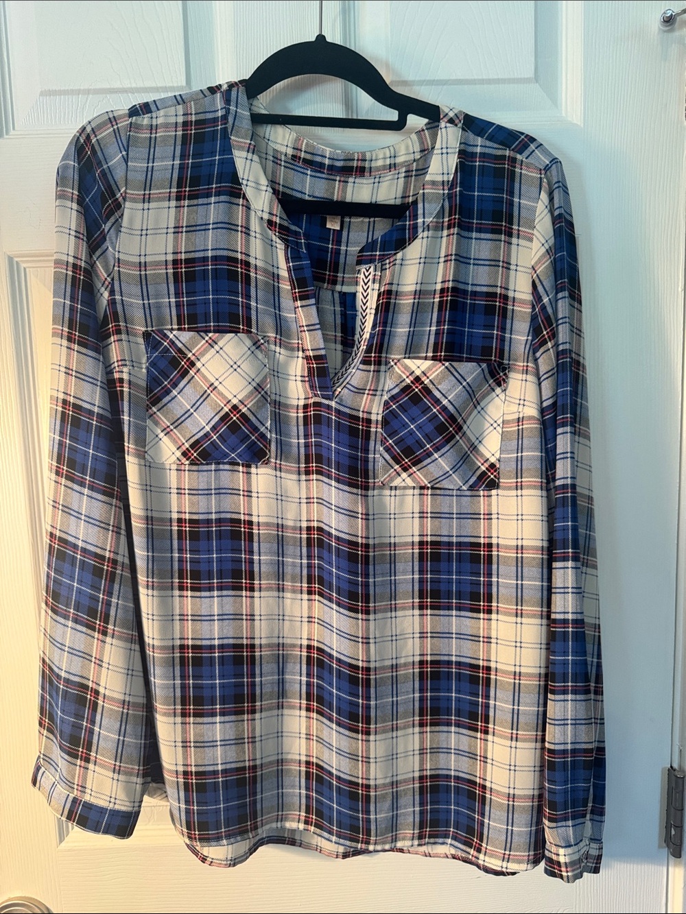 Skies Are Blue Blue and White Plaid Henley Neck Shirt - XL